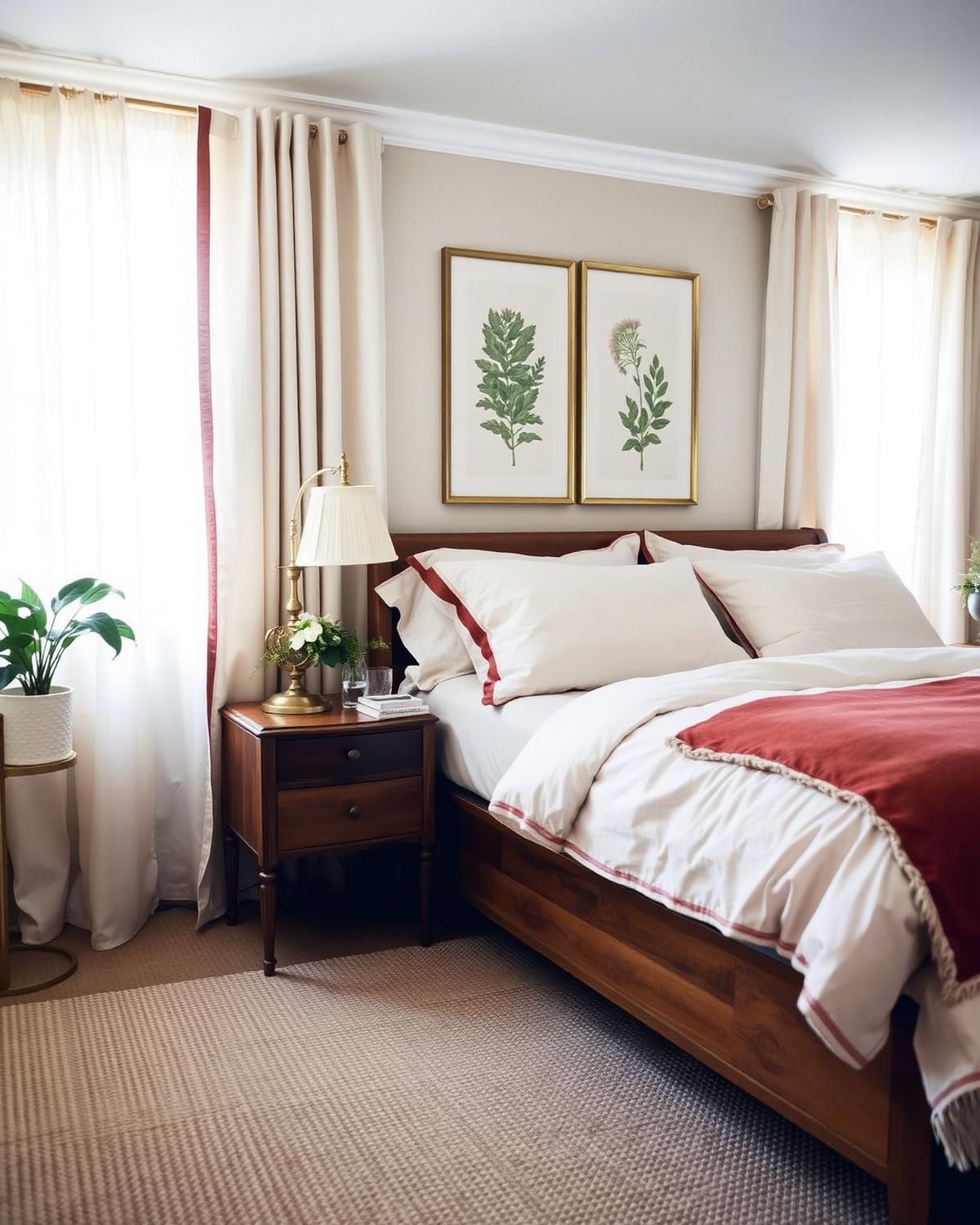 Layered primary bedroom with rust linens