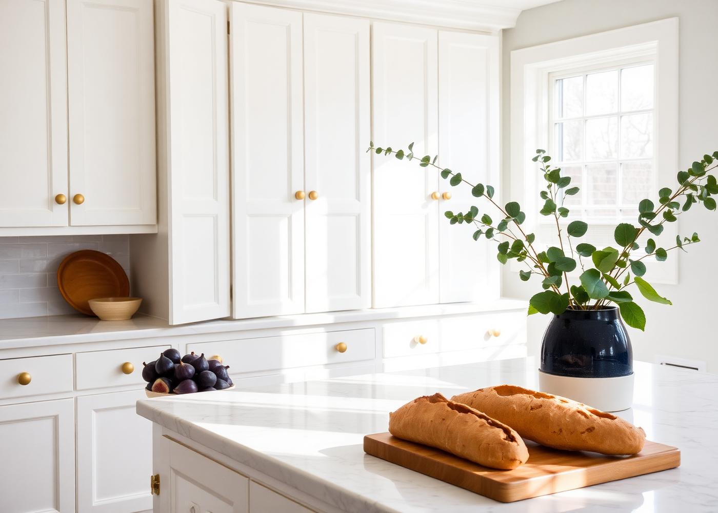 Bright Nashville kitchen styled with marble, brass, and eucalyptus