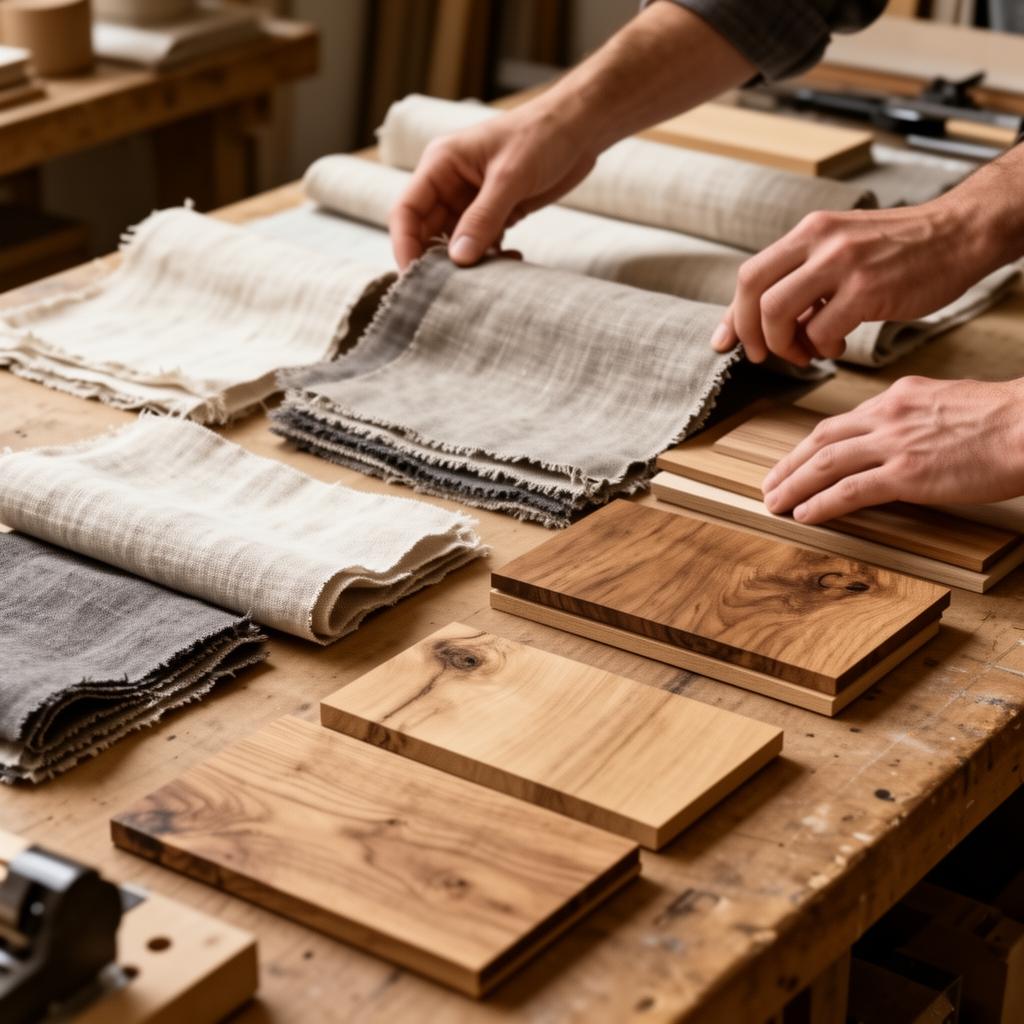 Hands arranging fabric and oak samples